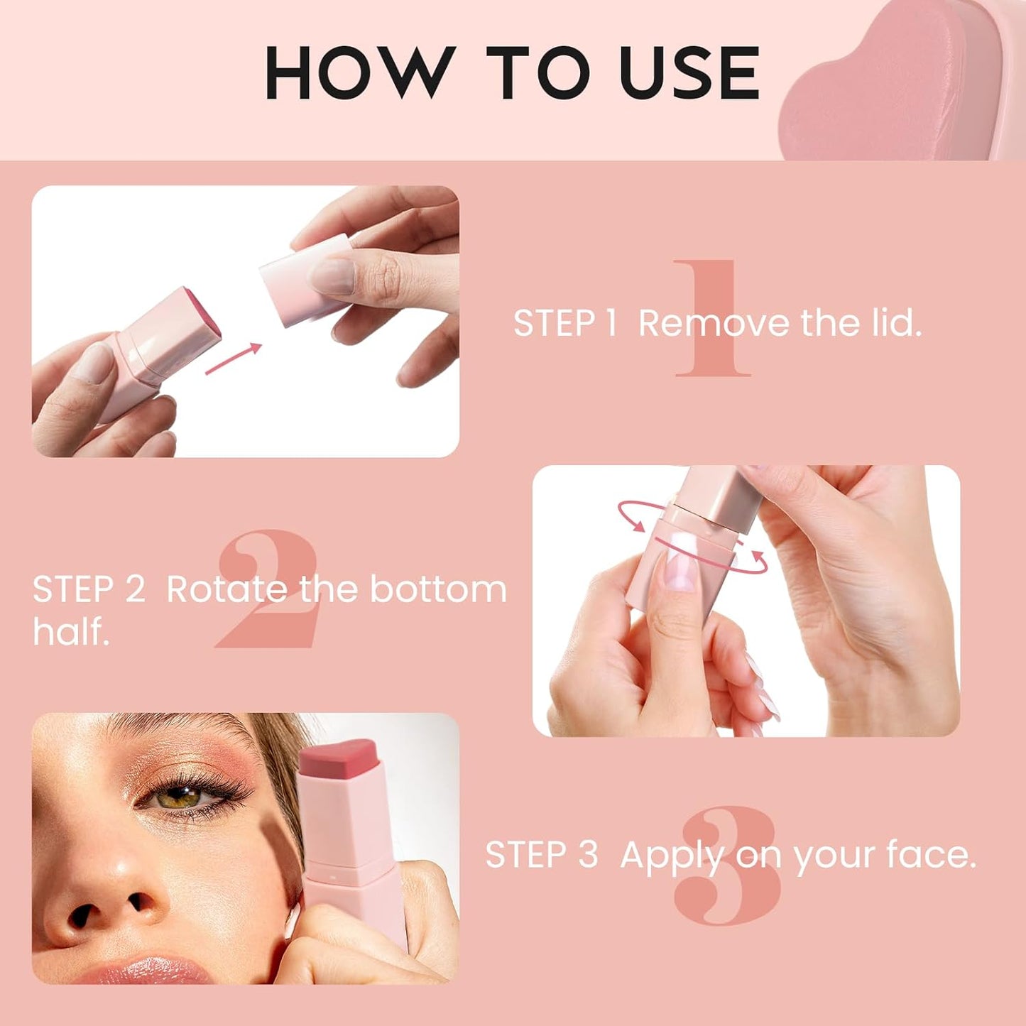 Blush Stick for Cheeks, Cream Blush with Heart-shaped, Blush Face Stick Multi-Use Lip and Cheek Tint, Waterproof Lightweight Easy to Blend Cream Blusher Makeup - Dried Rose