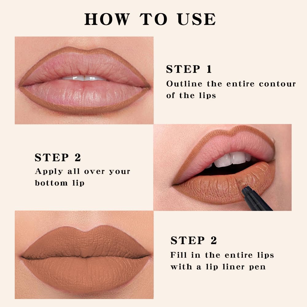 evpct Longwear Liquid Lip Liner Stain Marker Pen Long Lasting Waterproof, Nude Brown Matte Semi Permanent 24 Hour Lip Liner and Lipstick Combo, Korean Color Stay Lipliner All Day, Lips Stain peel off