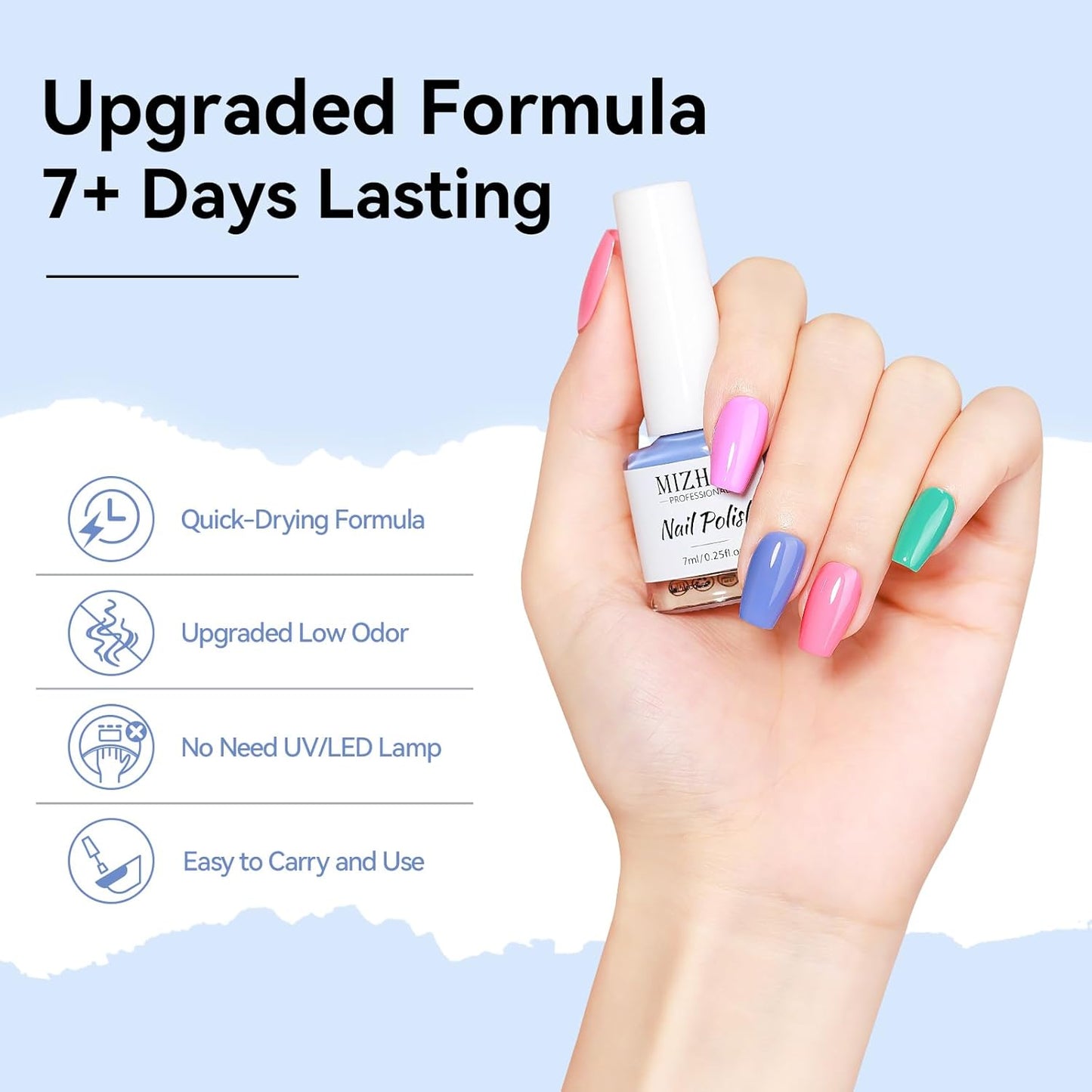 MIZHSE Quick Dry Nail Polish Set, Regular Nail Polish 6 Classic Colors of Milky White Pink Purple Blue Green, Air Dry Nail Lacquer Fingernail Polish for Women, Manicure DIY Nail Art Salon Ideal Gift