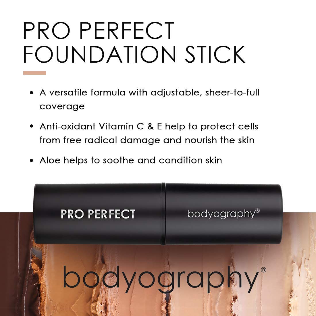 Bodyography Pro Perfect Foundation Stick - Demi-Matte Finish with A Natural Look - Enhancer for Concealing, Highlighting, and Contouring - Vitamin C & E (Caramel)