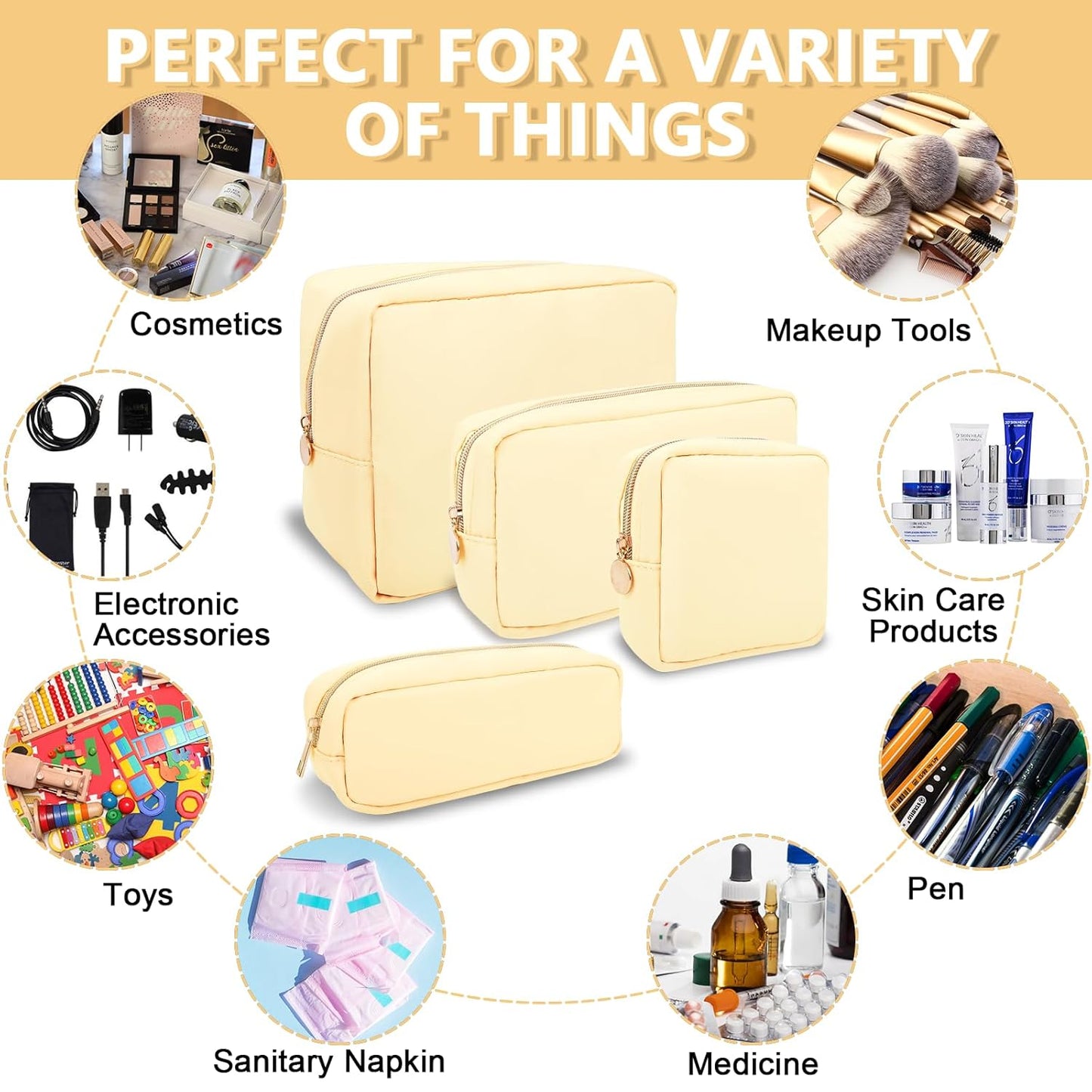 Large Makeup Bag Pouch,Nylon Women Travel Toiletry Storage Bag Preppy Cosmetic Bag for Girls,Big Makeup Organizer Bag Cute Zipper Pouch Skincare Bag for Sport Work Gift(Large-Sand)