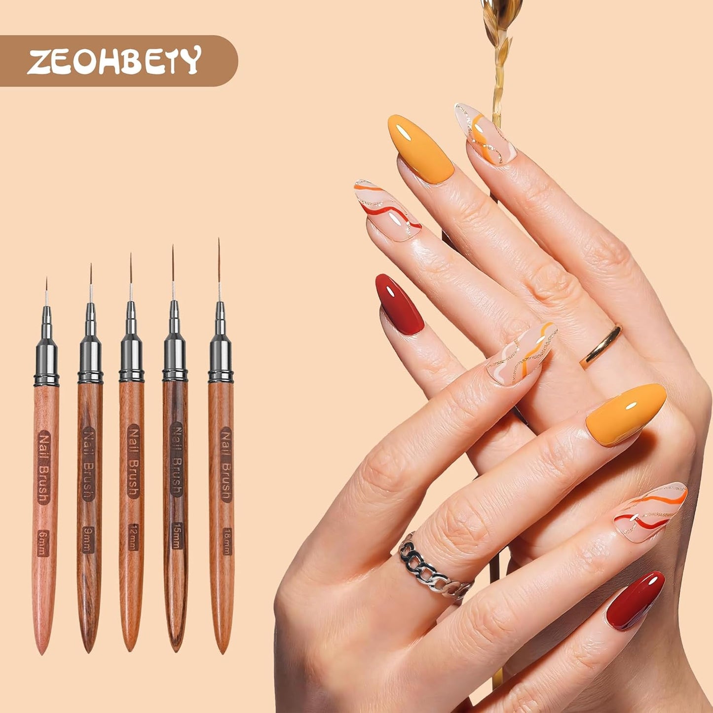 Wooden Nail Art Brushes, 5Pcs Nail Art Liner Brushes, Painting Art Design Brush Set Nail Dotting Drawing Tool for Long Lines, Thin Details, Fine Drawing Sizes 6/9/12/15/18mm, Natural
