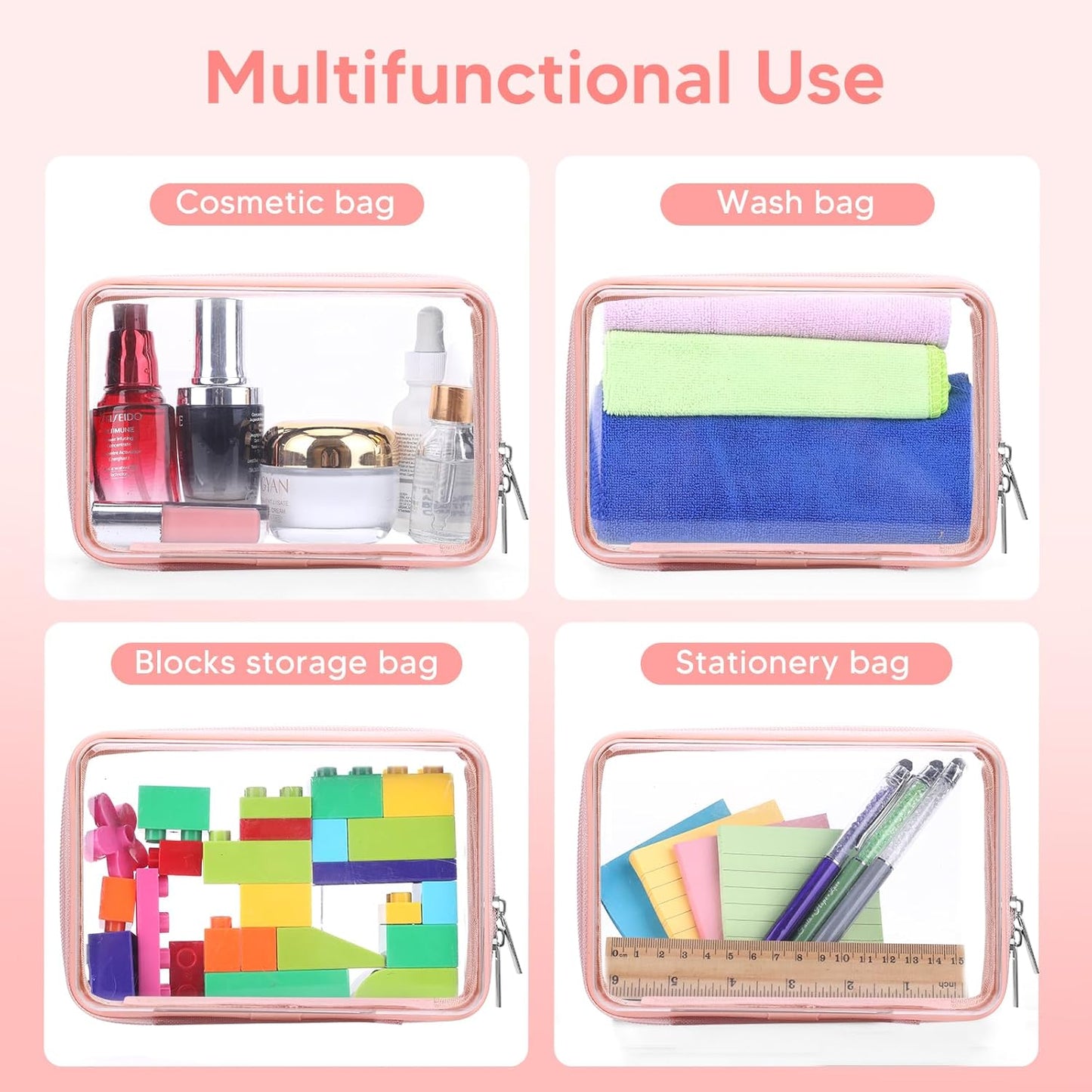 2 Pcs Clear Hard Zipper Case, Hard PC Plastic Cosmetic Travel Bag, Portable Travel Organizer Bins, Durable Makeup Bags for Toy Storage, Pencil Case(Pink Zipper)