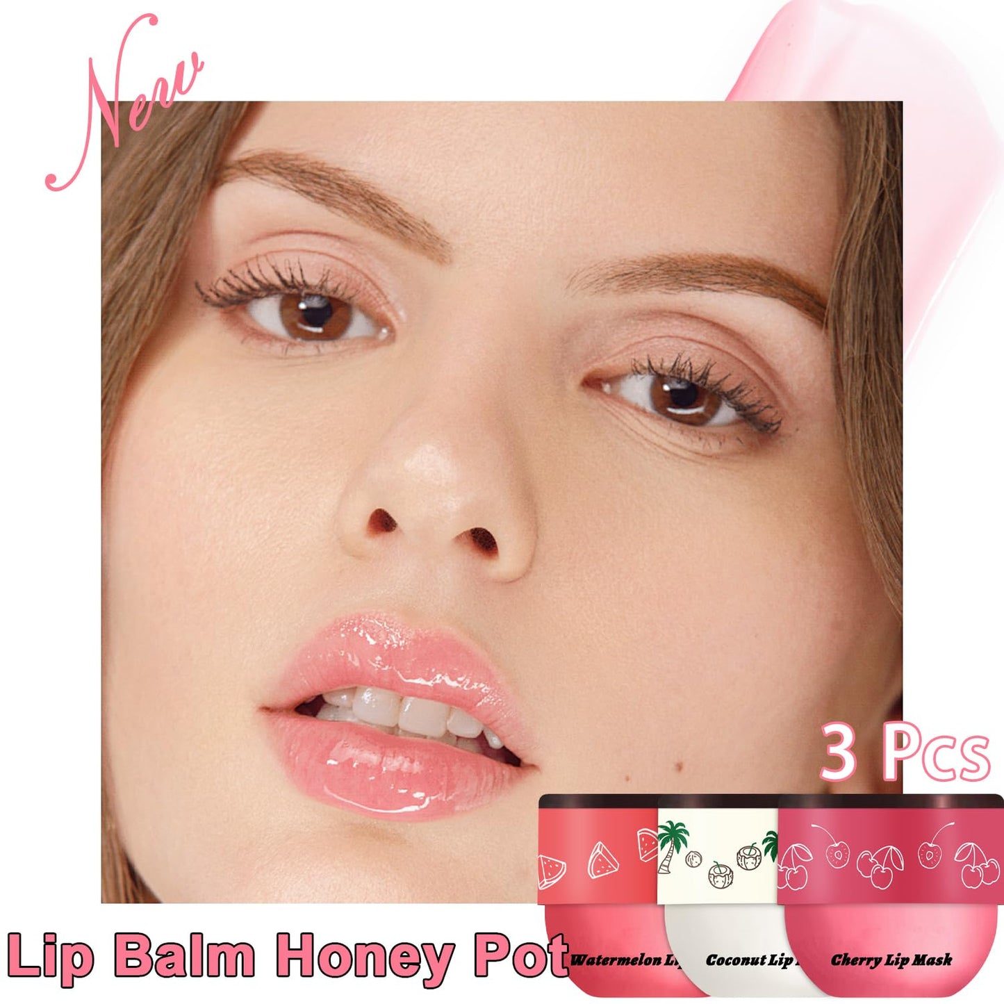 3 PCS Bee Lip Balm Lip Mask Honey Pot, Watermelon & Cherry & Coconut Lip Mask Propolis Moisturizing Lip, Hydrating Prevention Dry and Cracked Lip Scrubs Exfoliator (Watermelon & Cherry & Coconut)
