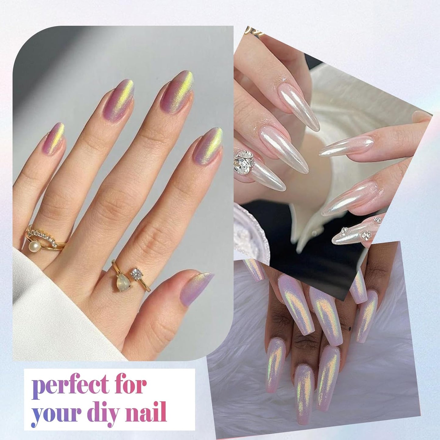 SIUSIO White Pearl Chrome Nail Powder,Iridescent Aurora Powder Metallic Mirror Effect Pigment Pearlescent Mermaid Pigment Pearl Glitter Dust Kit, Nail Art Decoration, Resin Craft