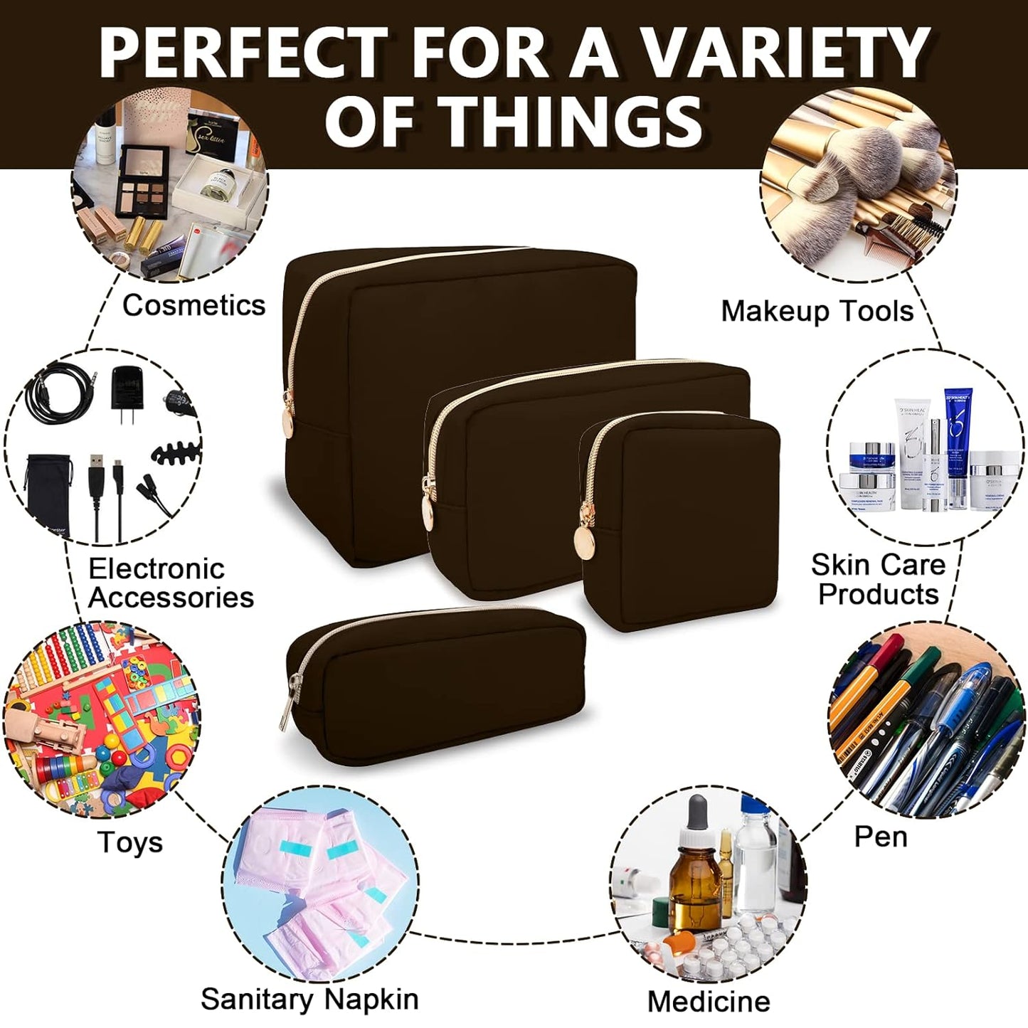 Small Makeup Pouch for Purse, Nylon Travel Toiletry Storage Pouch Cute Preppy Cosmetic Bag for Women Girls, Waterproof Makeup Organizer Skincare Bag Purse with Zipper (Small-Chocolate)