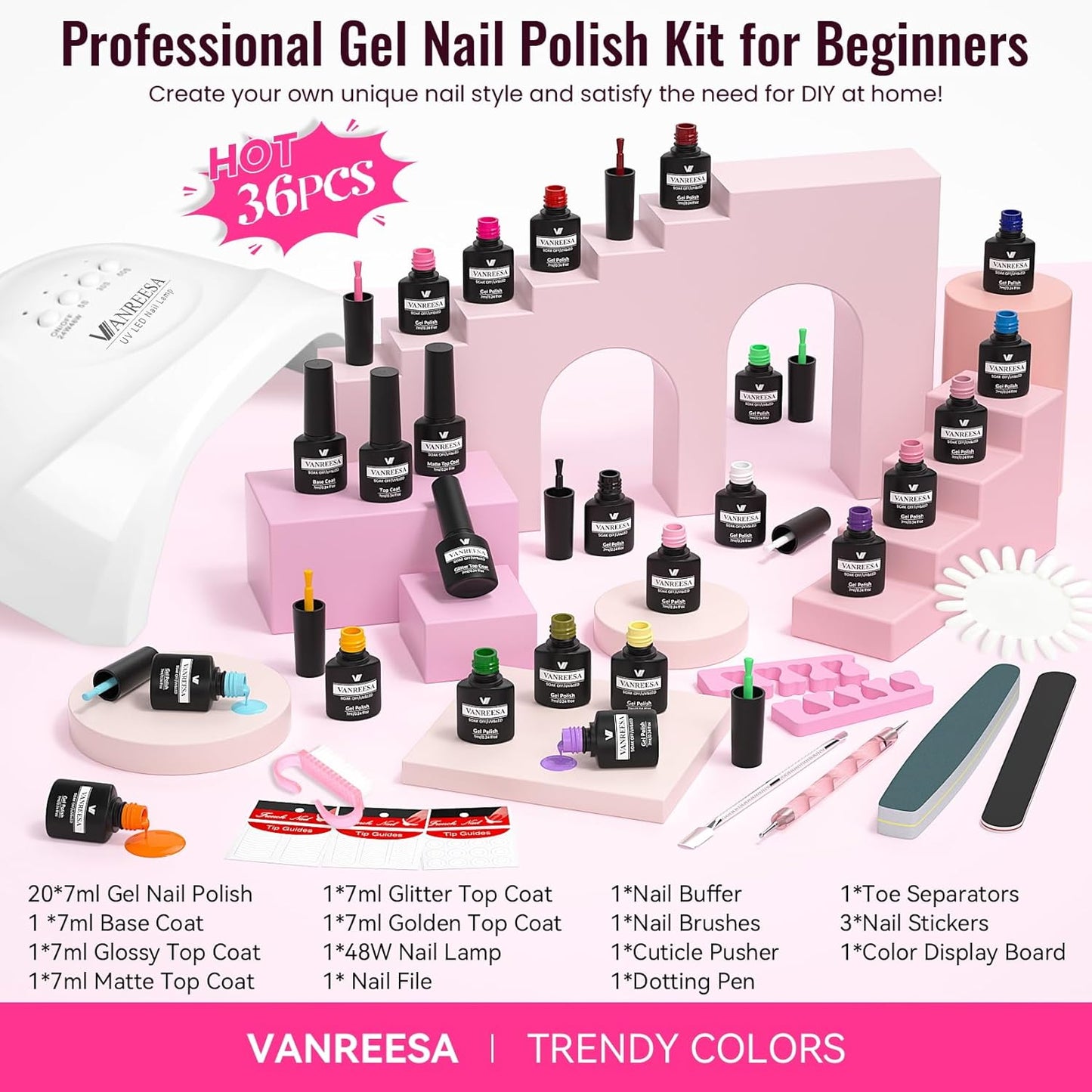VANREESA Gel Nail Polish Kit with U V Light 36 Pcs Gel Polish Nail Set 20 Must-have Colors Nail Polish Set + Base Coat and 4 Effects Top Coat Manicure Tools Beginners Nail Kit Gifts for Women Girls