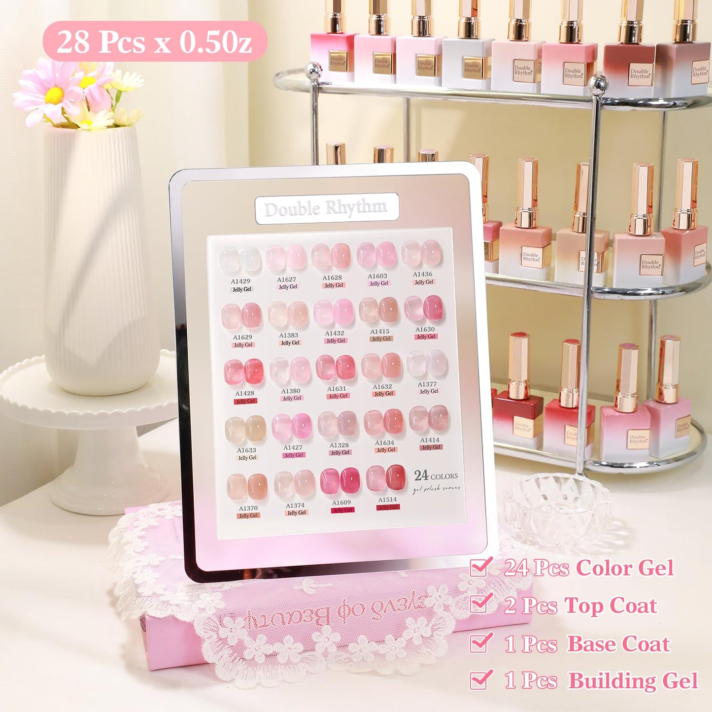 Double Rhythm 28Pcs 0.5Oz Gel Nail Polish Set Same Color Same Bottle Soak Off Gel Polish Kit Nail Art Manicure Salon DIY at Home for Women (Jelly Sheer Clear Collection-T24-8)