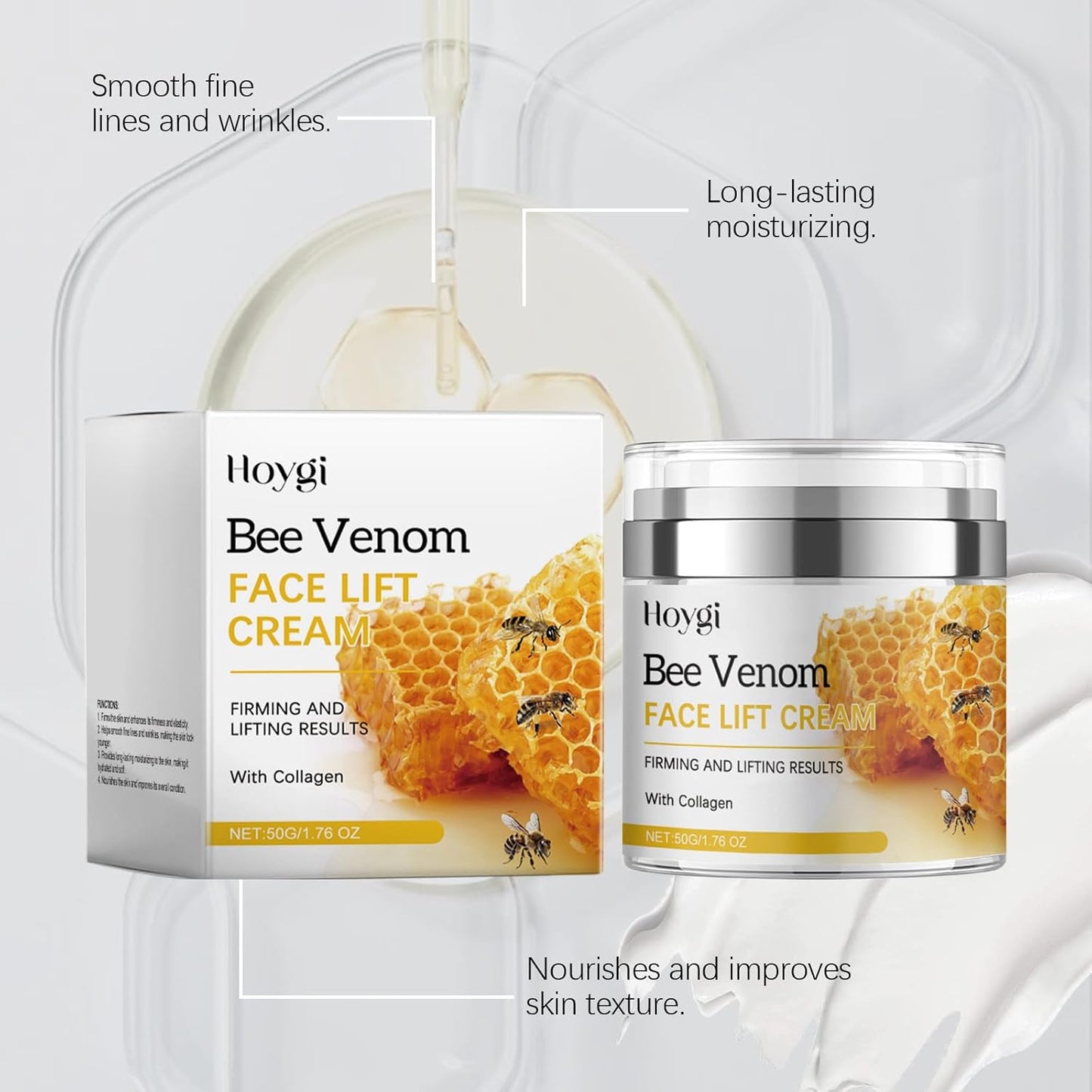 Bee Venom Cream, Bee Venom Face Lift Cream with Airless Pump - Wrinkle Removal & Firming, Moisturizing, Lifting & Recovery - for All Skin Types - 1.76 Oz