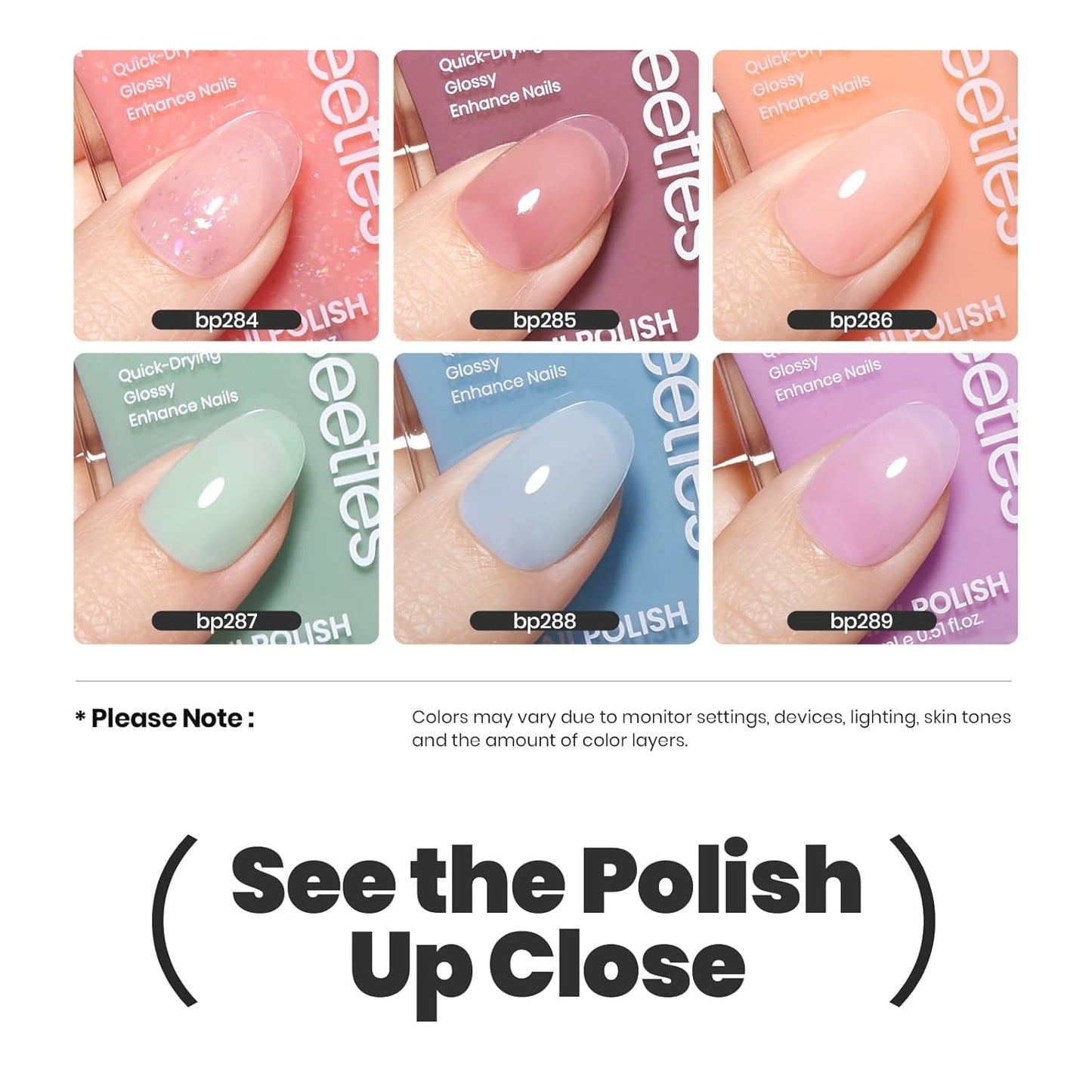 Beetles Jelly Nail Polish Set, 6 Colors Clear Pastel Nail Polish Glitter Pink Dusty Rose Orange Green Blue Purple Long Lasting & Quick Dry Nail Strengthener Polish Gift Sets for Women