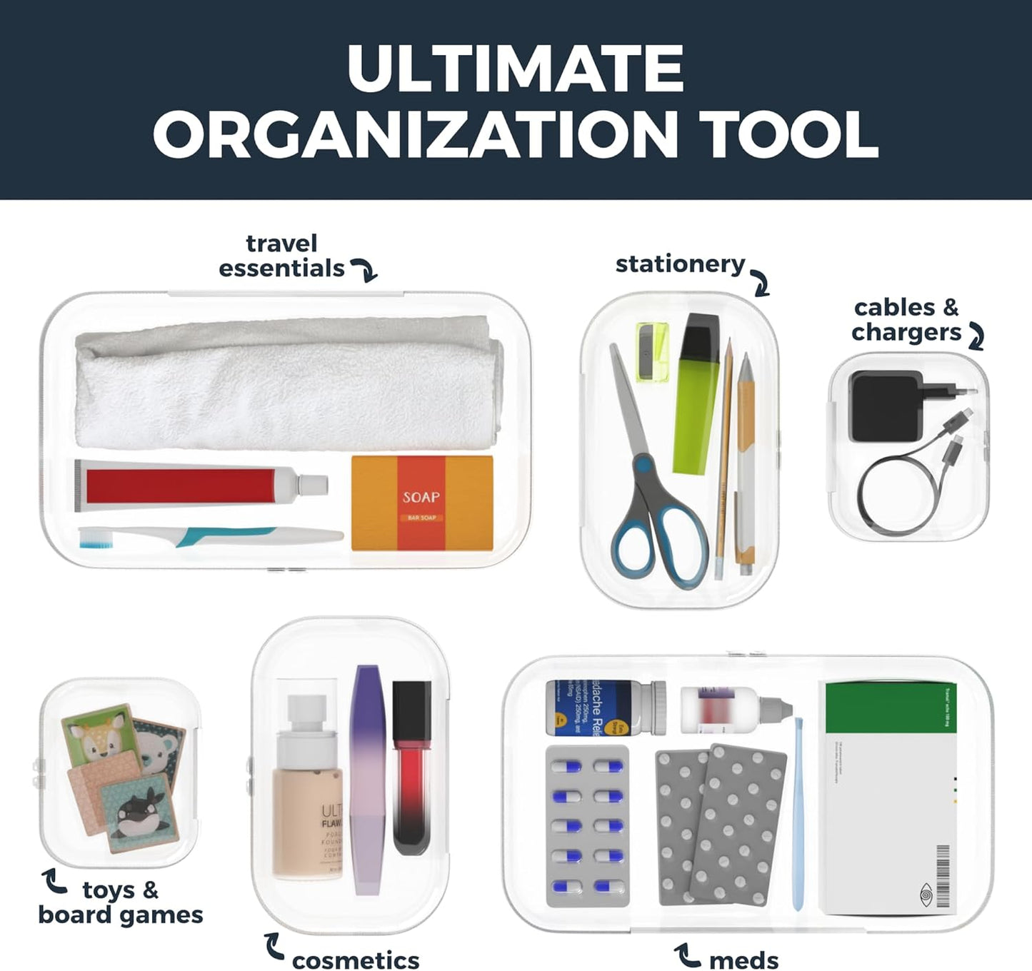 Extra Durable Mini Clear Hard Shell Zipper Case 6 Pack, 2x 12" Large, 2x 8" Medium, 2x 5" Small, Clear Travel Makeup Case, Hard Plastic Toiletry & Cosmetic Bag, Zippered Make Up Organizer Pouch