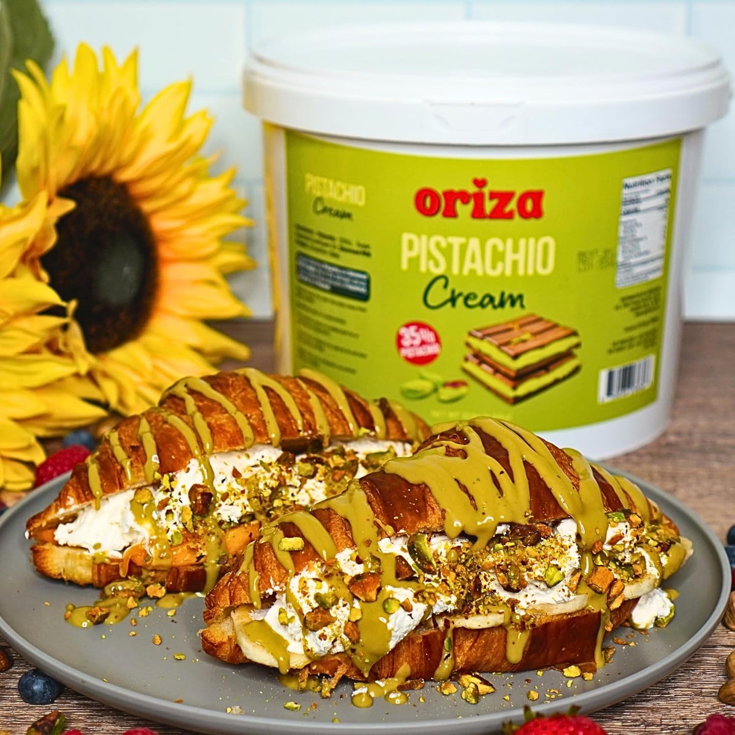 Oriza Pistachio Cream, 10lbs Pail (Pack of 2) – Premium Bakery Spread with 35% Pistachios, Palm Oil Free, Non-GMO – Ideal for Pastries, Gelato, Cakes & Dessert Filling