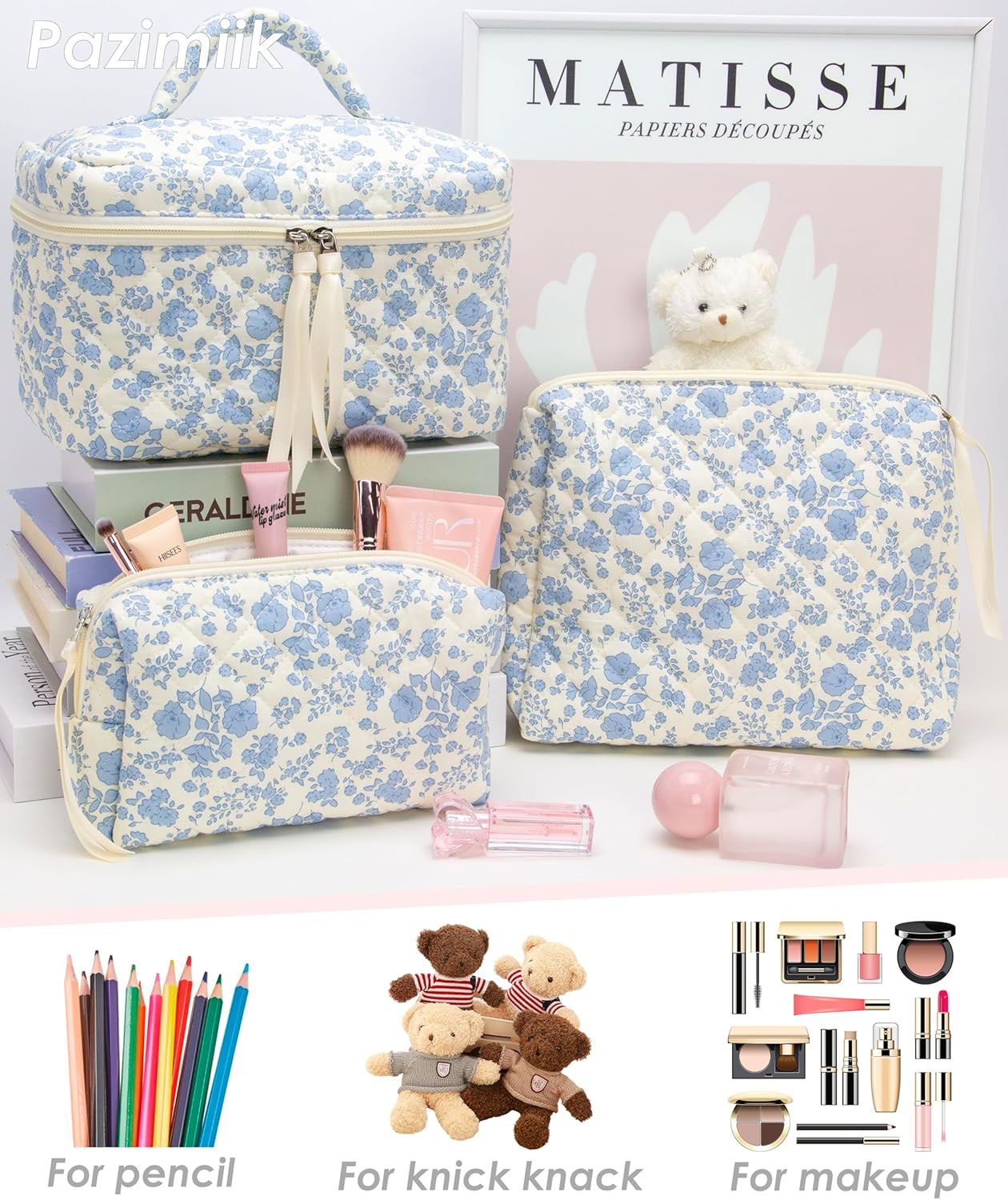 PAZIMIIK 3PCS Makeup Bag SET Large Travel Quilted Zipper Soft Cosmetic Case Pouch for Women Girls Make Up,Little Flower Blue