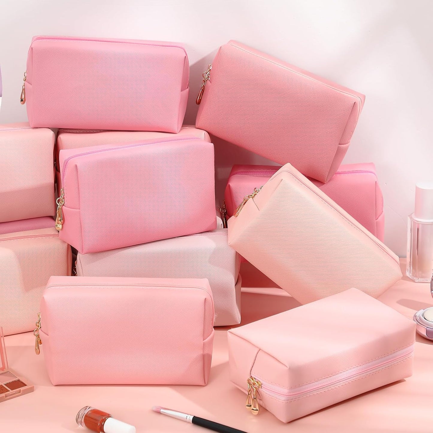 Kigeli 15 Pcs Aesthetic Makeup Bags PU Leather Cosmetic Pouches Waterproof Plain Toiletry Bags Makeup Pouches Bulk for Women Party Gift Travel Storage Organizer(Pink Series)