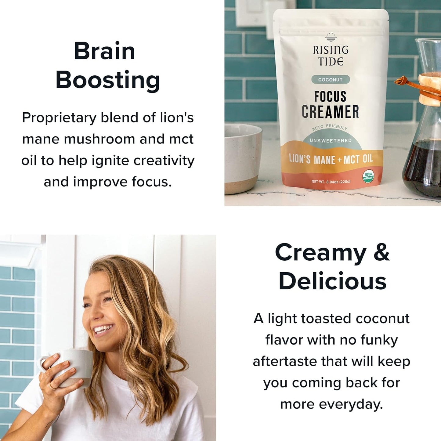 Rising Tide Organic Mushroom Superfood Creamer - Coconut Milk Powder, Lions Mane Mushrooms, & MCT Oil - Dairy Free, Unsweetened, Keto Friendly & Plant-Based - Only 4 Ingredients - Add to Coffee, Matcha or Smoothies