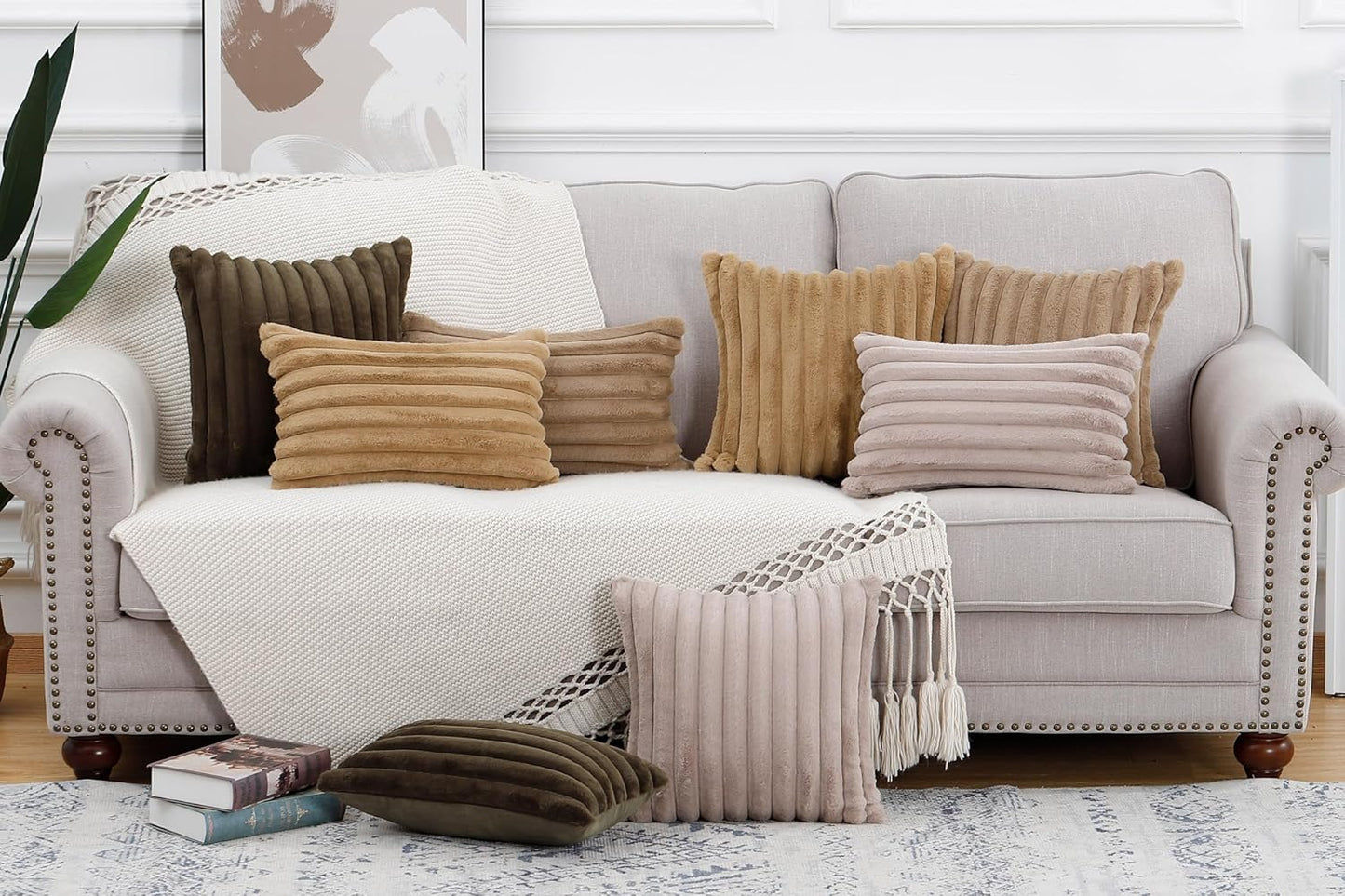 MADIZZ Set of 2 Faux Wool Plush Decorative Throw Pillow Covers 22x22 Inch Drak Brown Fluffy Striped Soft Decorative Cushion Cover for Sofa Bedroom Pillow Shell