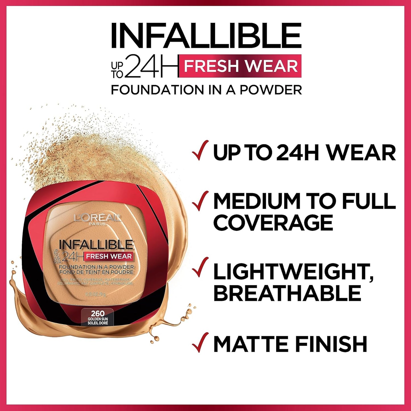 L'Oreal Paris Makeup Infallible Fresh Wear Foundation in a Powder, Up to 24H Wear, Waterproof, Beige Sand, 0.31 oz.