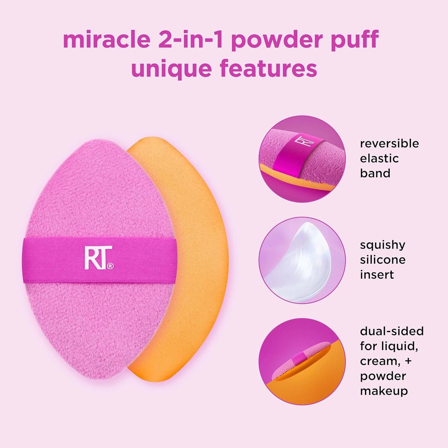 Real Techniques Miracle 2-In-1 Powder Puff 2 Pack, Dual-Sided, Full Size Makeup Blending Puff, Reversible Elastic Band, Makeup Sponge & Powder Puff, For Liquid, Cream & Powder Products, Crulety-Free