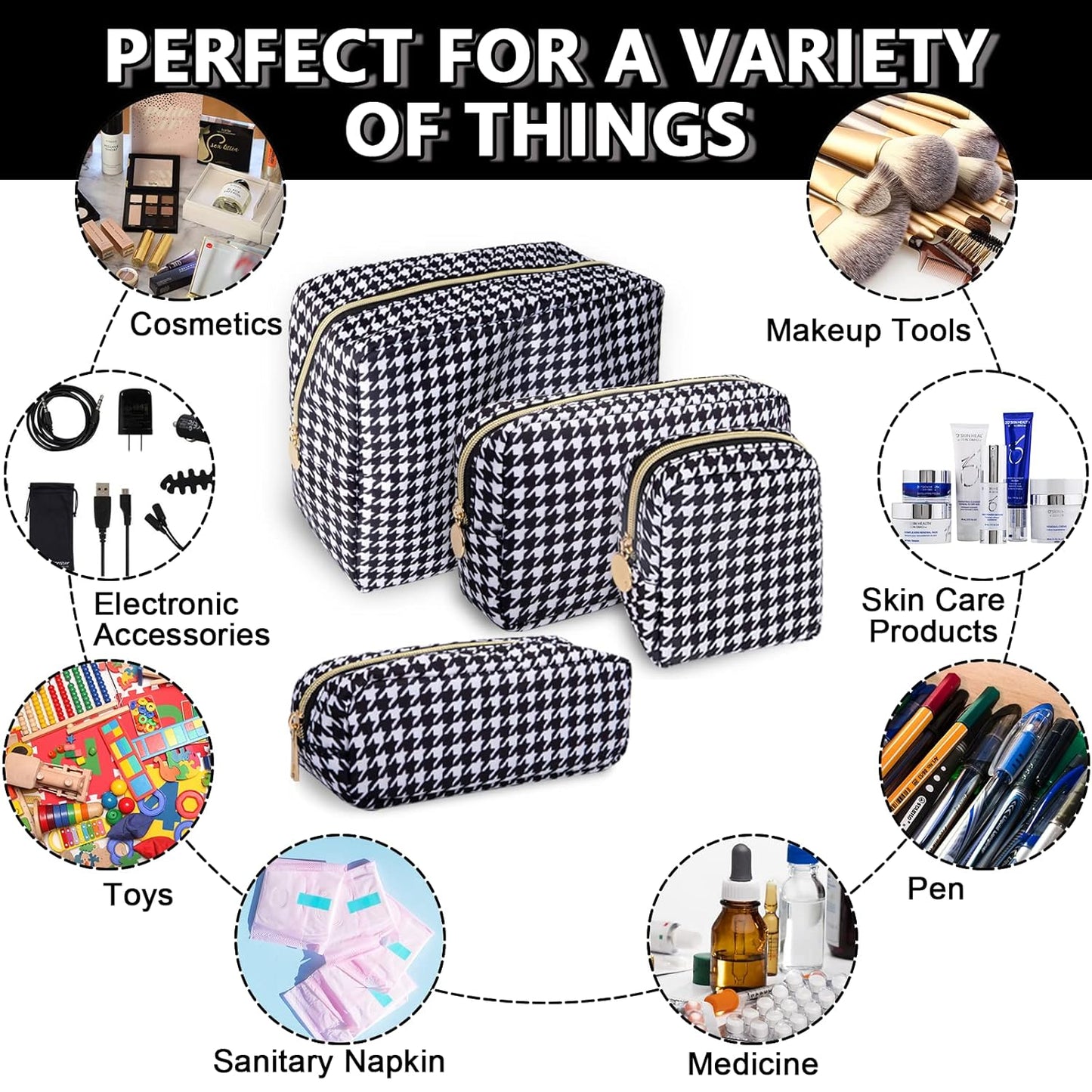 Small Makeup Bag Pouch for Purse,Nylon Travel Toiletry Storage Bag Cute Houndstooth Cosmetic Bag for Women Girls,Waterproof Makeup Organizer Bag Pouch Skincare Bag with Zipper (Small-Houndstooth)