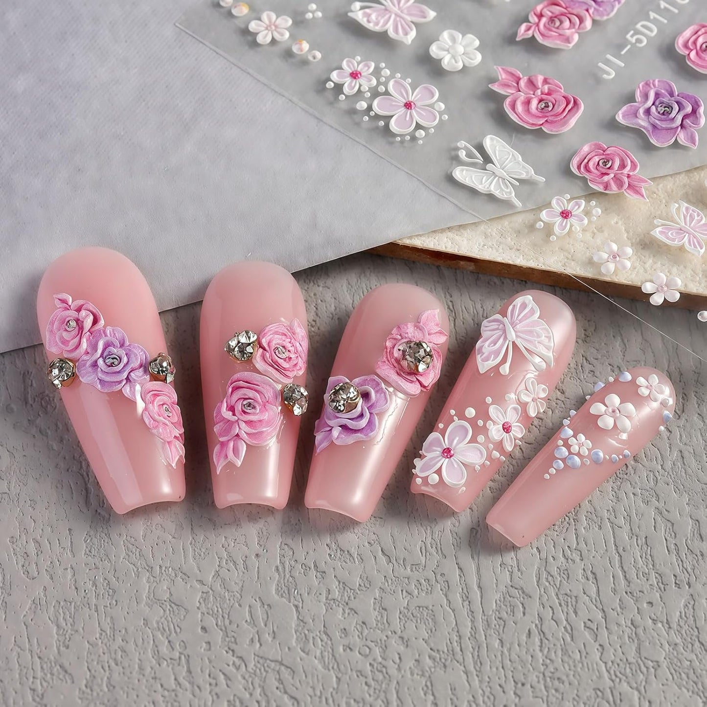 Flower Nail Stickers Decals for Women Girls, 4 Sheets 5D Self-Adhesive Embossed Flower Designs, Semi-Glossy Irregular Fantasy Floral Decals, Spring Summer Nail Accessories
