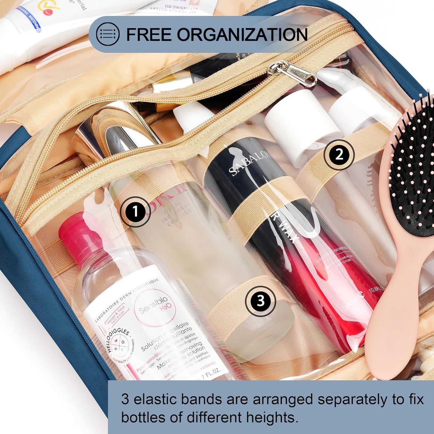 Travel Hanging Toiletry Bag for Women, Large Makeup Bag 8 Leak Proofing Silicone Bottle Covers, Waterproof Cosmetic Bag with Jewelry Organizer Compartment, Toiletries Kit Set, Navy Blue