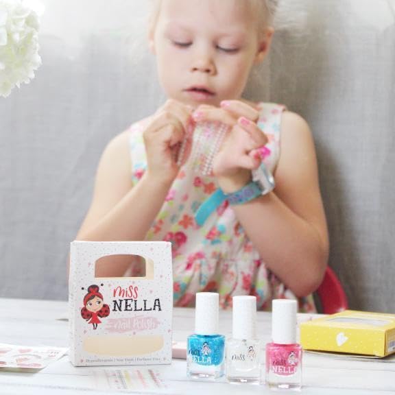 MISS NELLA PARTY COLLECTION 3-3 peel off, odour free, water base glitter nail polishes Pack- Blue The Candles (blue), Confetti Clouds (clear) & Marshmallow Overloud (coral)