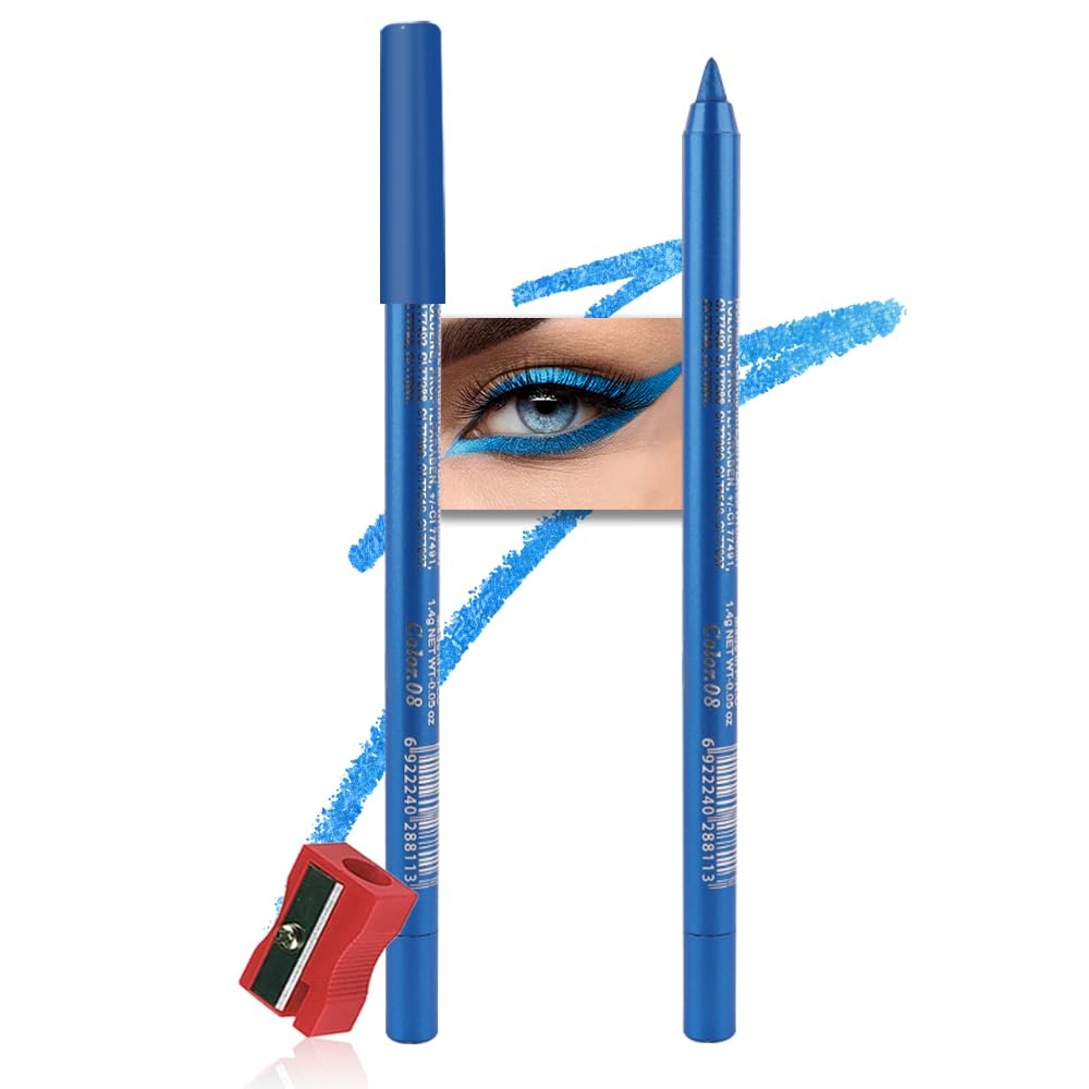 evpct Blue Glitter Eyeliner Pencil for Eyes, Dark Sea Blue Metallic Shimmer Eye Liner Pencil Makeup Waterproof Smudge Proof, Colored Gel Waterline Eyeliner, Face Eye Paint Stick Halloween Makeup 08