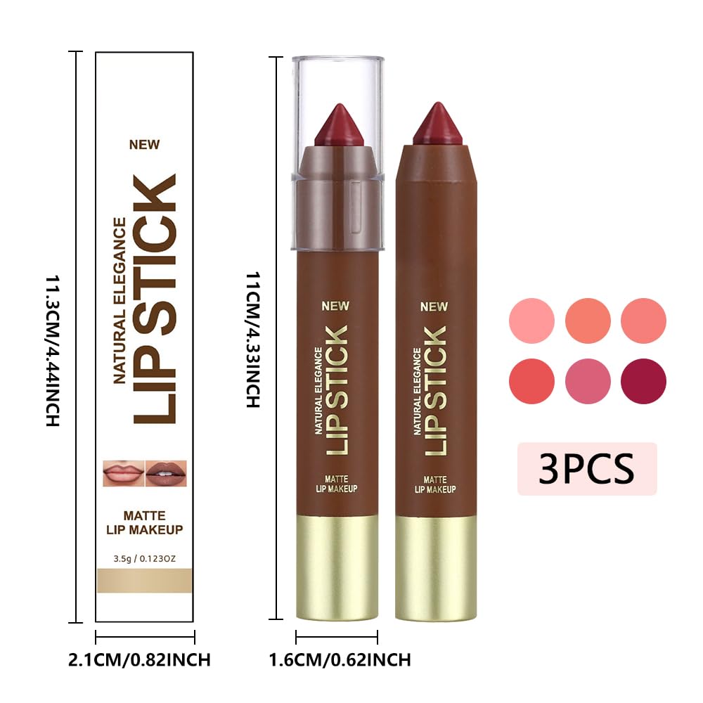 3Pcs Matte Lipstick Crayon Set for Women, 24 Hour Lipstick Lip Liner Pencil, Neutral Lip Stick Lipliner Long Lasting Waterproof Smudge Proof, Vegan & Cruelty-Free, 02+04+06