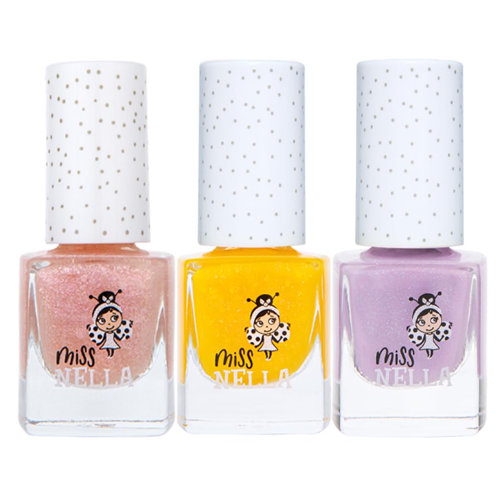 MISS NELLA PIXIE DUST- Peel Off, Odour Free, Water Base & Safe for kids nail polish pack of 3- peach (glitter), lilac & yellow (glitter)