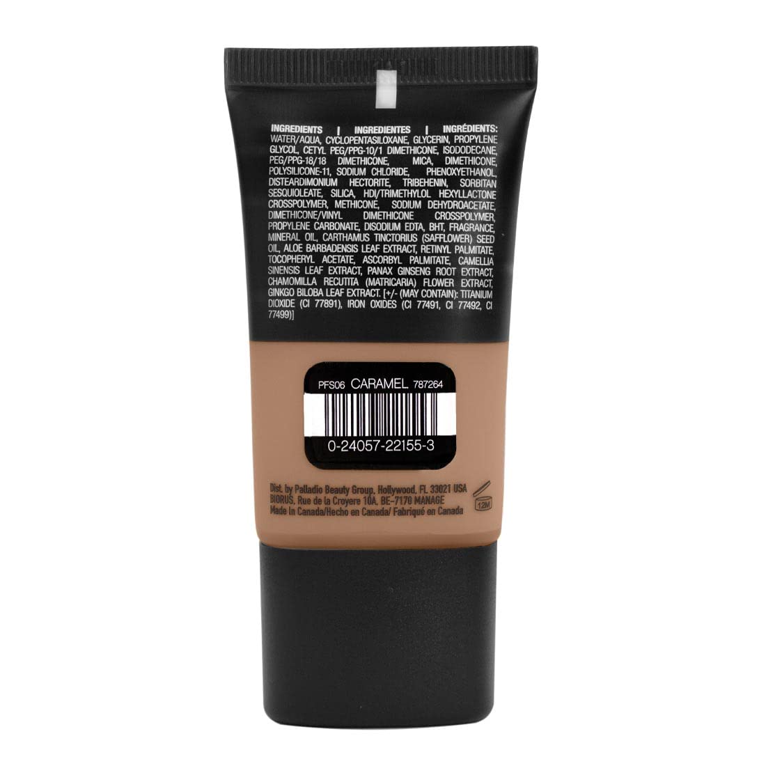 Palladio Powder Finish Liquid Foundation, Natural Matte Appearance, Reduces Fine Lines, Covers Large Pores, Hides Imperfections, All Day Wear, Sheer to Medium Coverage, Caramel