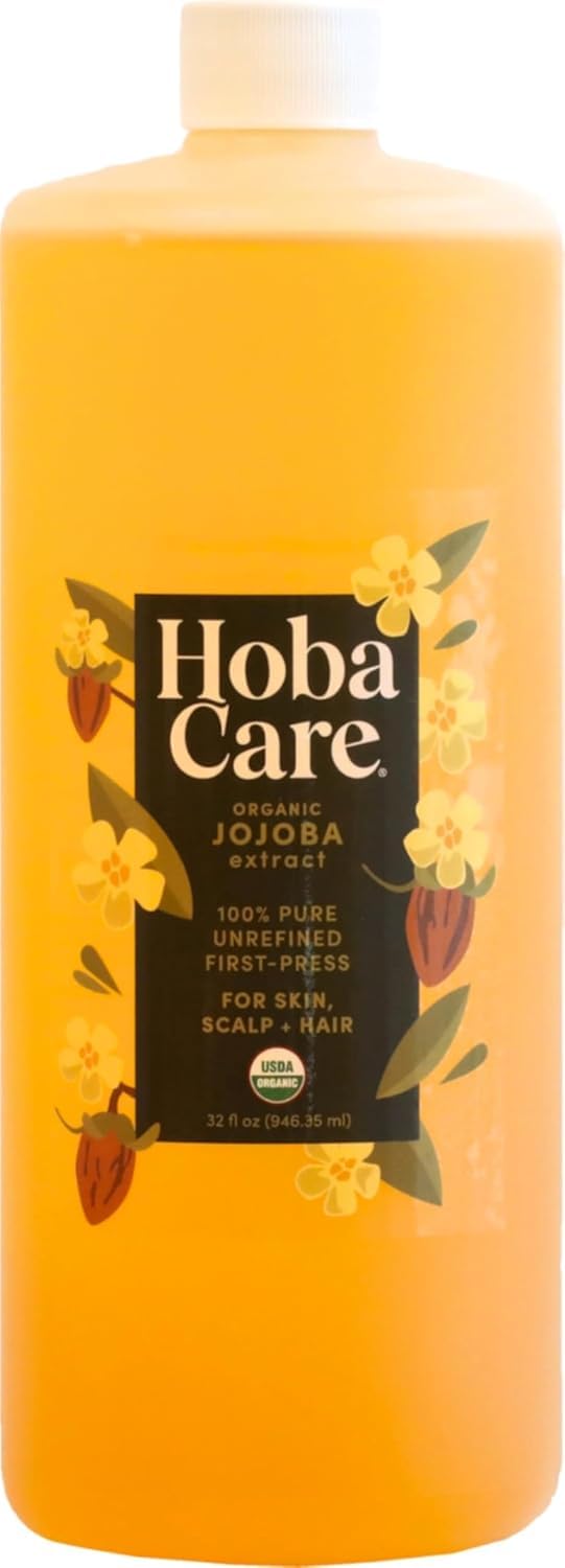 HobaCare Unrefined Organic Jojoba Oil for Skin Care, Hair, Beard, Scalp Massage - 100% Pure Carrier Oil for Perfume or Soap Making - Natural, Vegan, Cruelty-Free, Hexane-Free, Long Shelf Life (32 oz)