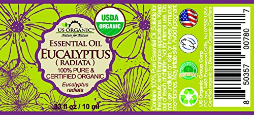 US Organic 100% Pure Eucalyptus Essential Oil (Radiata) - USDA Certified Organic, Steam Distilled - W/Euro droppers (More Size Variations Available) (10 ml / .33 fl oz)