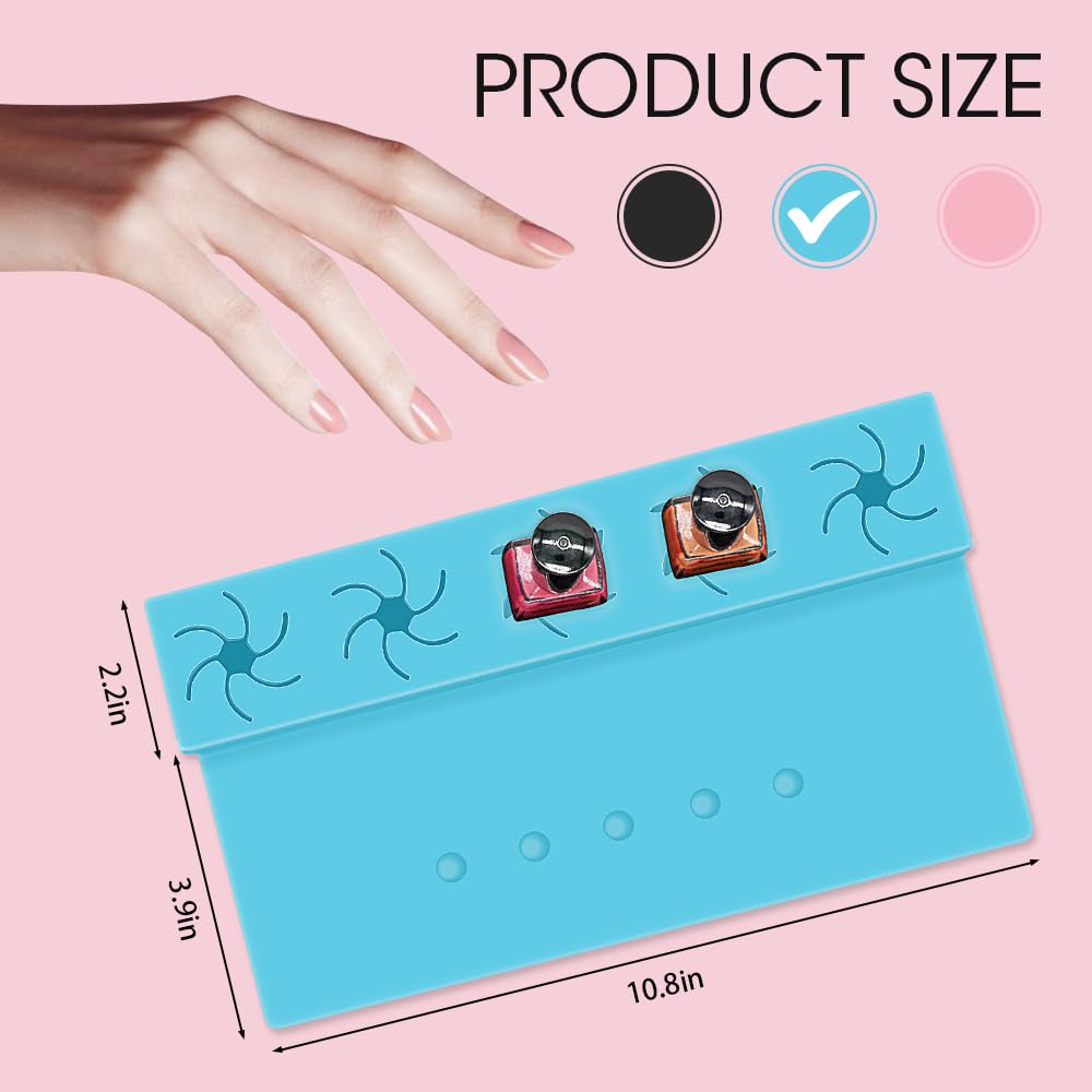 Nail Polish Holder, Silicone Hand Rest Mat Fingernail Painting Tools 2 in 1 Art Accessories Organizer Case Set with Anti-Spill Bottle Stand and Finger Separators for Pedicure Manicure-Blue