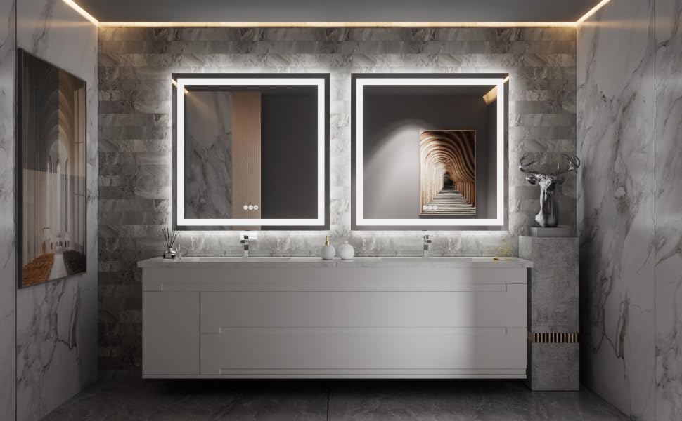 Amorho LED Bathroom Mirror 32"x 32" with Front and Backlight, Stepless Dimmable Wall Mirrors with Anti-Fog, Shatter-Proof, Memory, 3 Colors, Double LED Vanity Mirror(Horizontal/Vertical)
