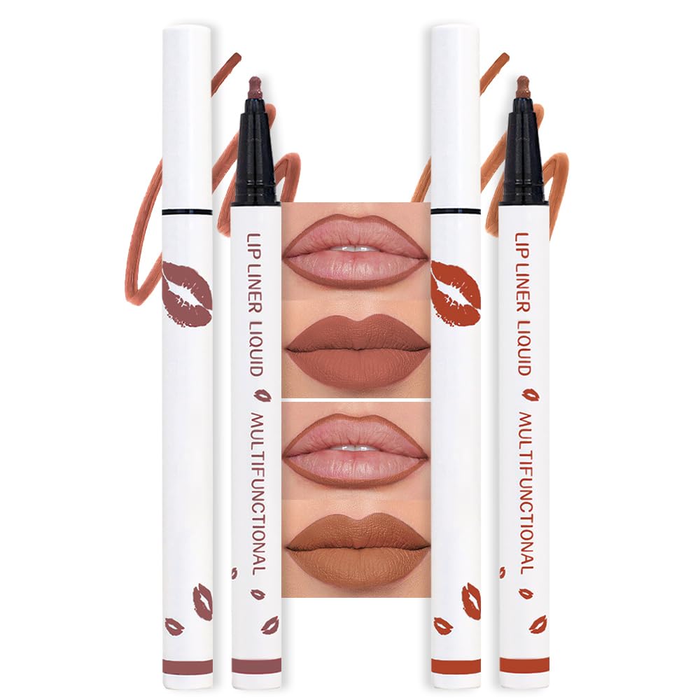 2Pcs Longwear Liquid Lip Liner Stain Marker Pen Set Long Lasting Waterproof, Mocha Nude Brown Matte Semi Permanent 24 Hour Lip Liner and Lipstick Combo, Color Stay Lipliner All Day Lip Stains peel off