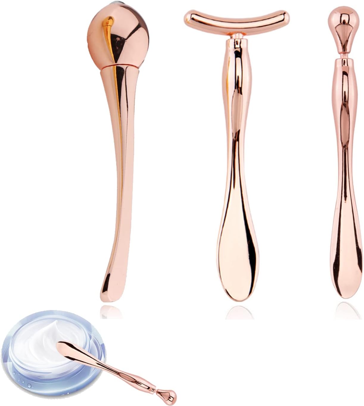 BetterJonny 3Pcs Metal Eye Cream Applicator Roller Wand Stick, Cosmetics Spoon Eye Cream Massager Wand Girls Women Facial Massager for Fatigue Relief Reduce Puffiness (Rose Gold)