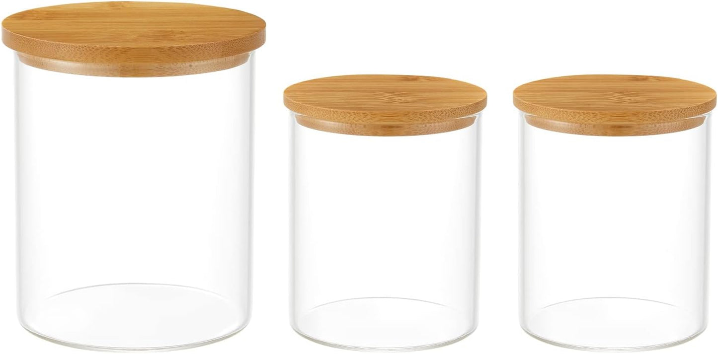 3 Pack Glass Qtip Holder Dispenser, 20 oz and 11 oz Clear Glass Apothecary Jars, Bathroom Vanity Canisters Organizer Jars for Cotton Swabs, Balls, Rounds, Pads, Floss, Bath Salts