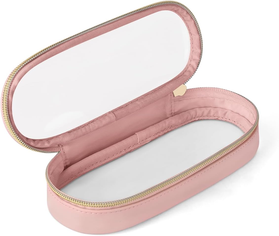 Clear Travel Makeup Brush Holder, Leather Makeup Brush Toiletry Bag, Portable Cosmetic Brush Case, Transparent Waterproof Makeup Brush Storage Bag, Pink, Large