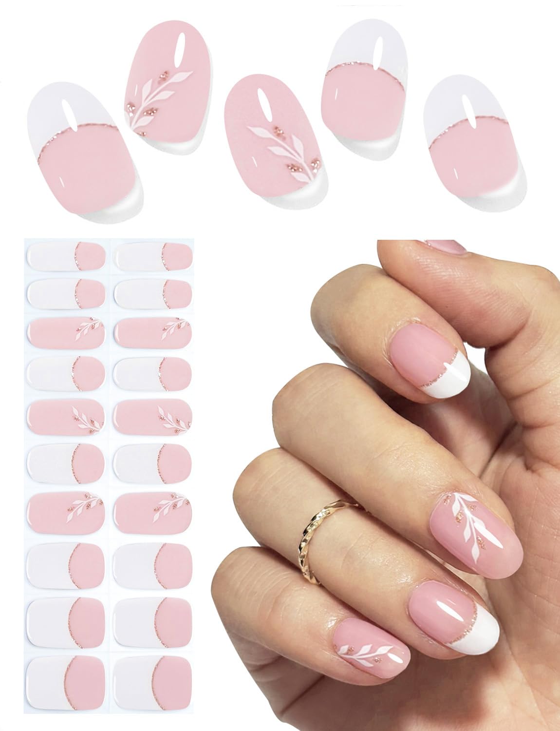 Semi Cured Gel Nail Strips, 20pcs French Leaf, Glitter, Gel Nail Stickers UV for Home Nails DIY