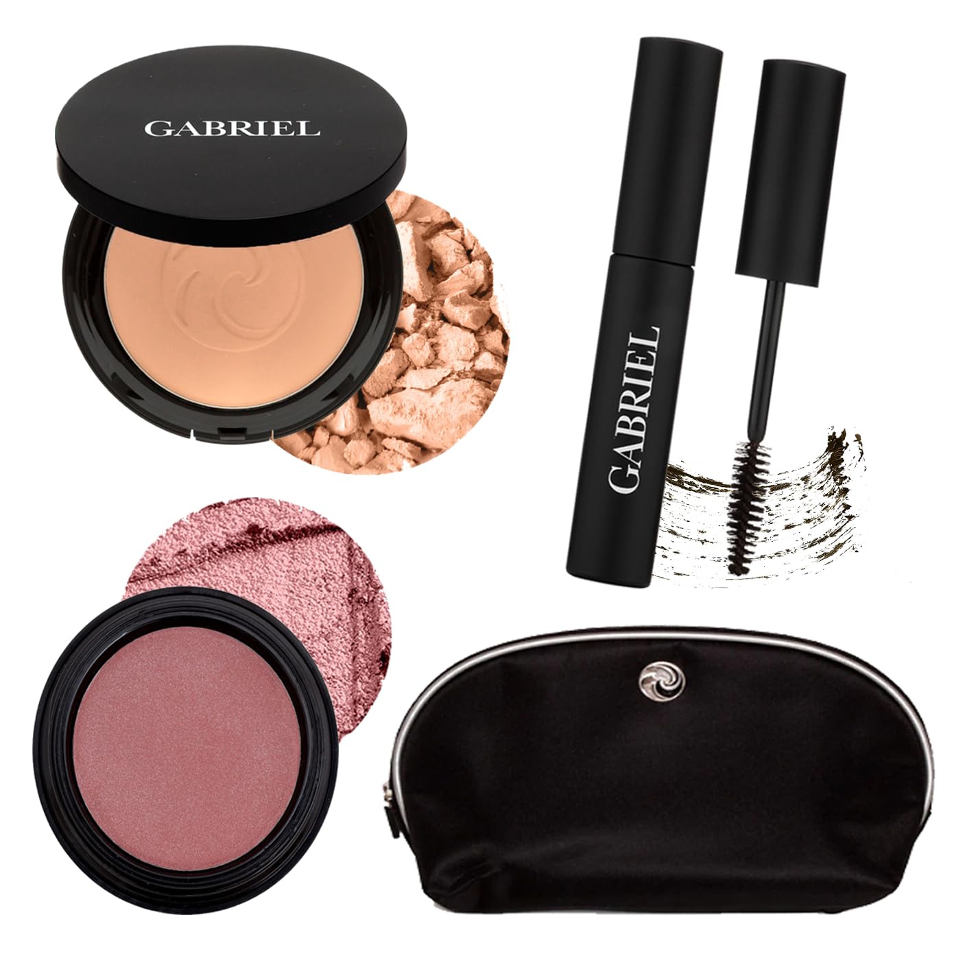 Gabriel Cosmetics About Face Set- Dual Powder Foundation (Olive), 3-in-1 Multi Pot (Florentina), Mascara (Black) and Gabriel Makeup Bag (Olive SET)