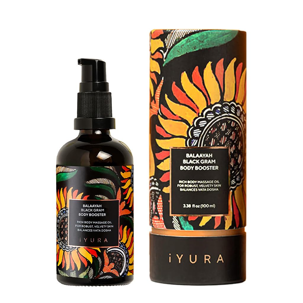 iYURA Balaayah Black Gram Body Booster Oil | Ayurvedic Massage & Moisturizing Body Oil | Indulging aroma of Vanilla & Frankincense | Luxurious, Fast-Absorbing & Non-Sticky | 3.38 fl oz
