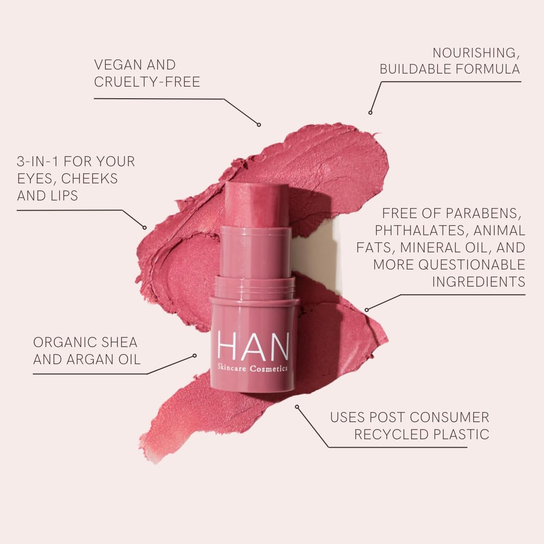 HAN Skincare Cosmetics Vegan, Cruelty-Free 3-in-1 Multistick for Cheeks, Lips, Eyes, Rose Berry | Large