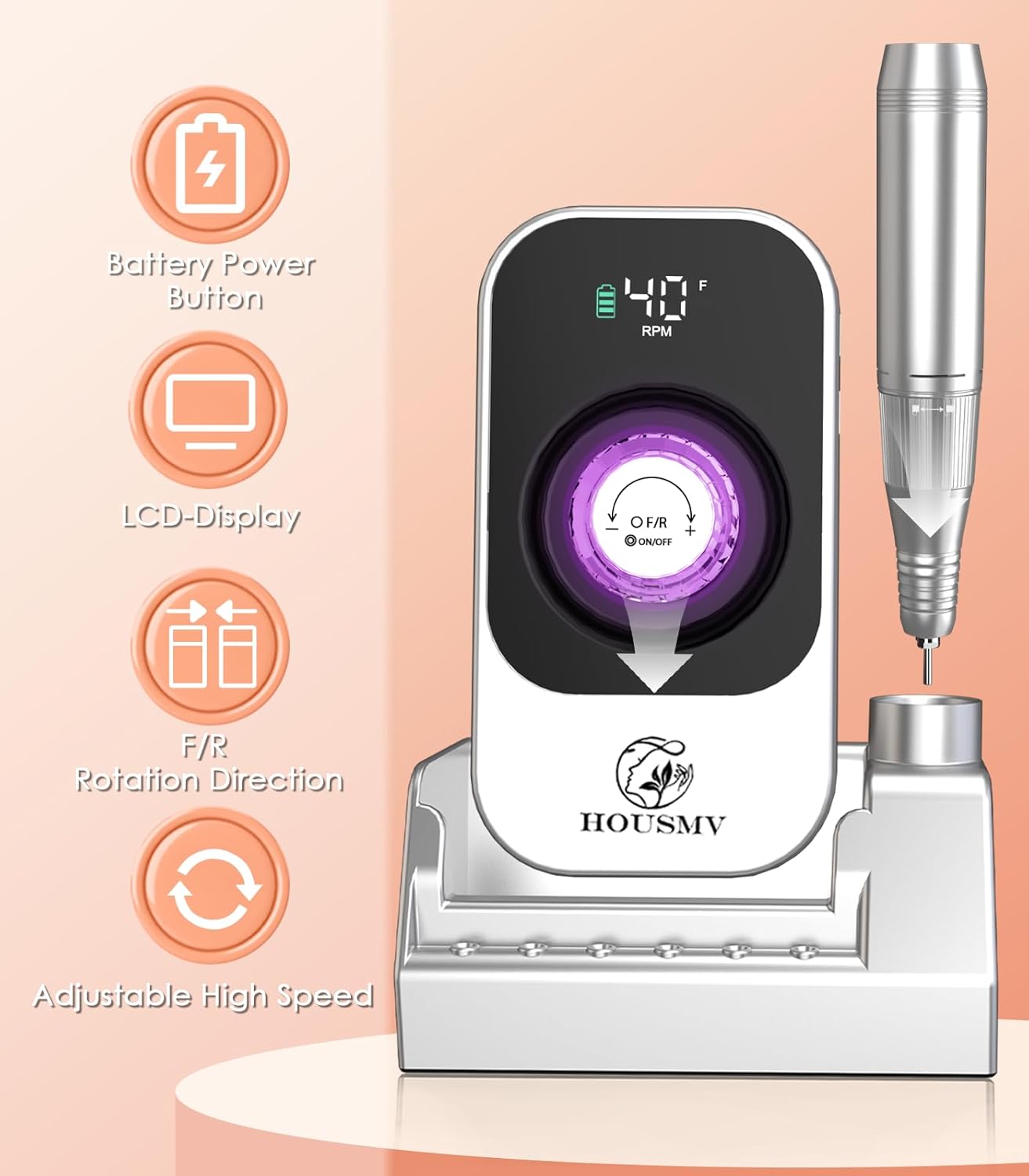 Portable Electric Nail Drill Machine: 40000RPM Professional E-File, Rechargeable Cordless with Bits & Base for Acrylic Remove Gel Polish Manicure Salon Home, Silver