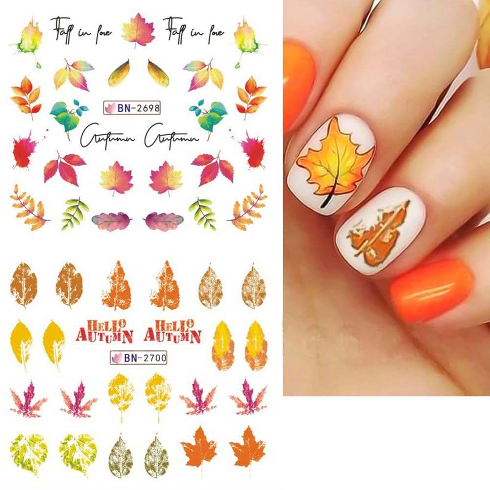 Fall Thanksgiving Nail Art Stickers Decals, 12 Sheets Maple Leaf Design Water Transfer Nail Decals Autumn Thanksgiving Nail Art Decoration Abstract Leaves Ginkgo Slider Nail Foils for Women DIY Supply