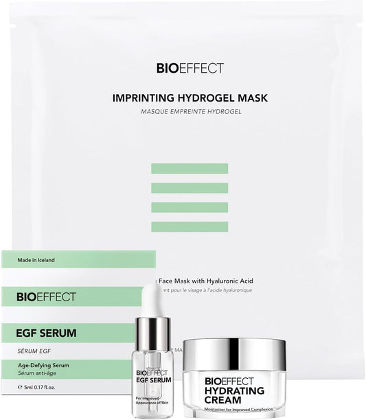 BIOEFFECT EGF Serum Try-Me Mini Sample Skincare Set with Hydrating Cream & Hydrogel Mask, Travel-Size Trio of Growth Factor Anti-Aging Serum, Moisturizer & Soothing Facial Mask