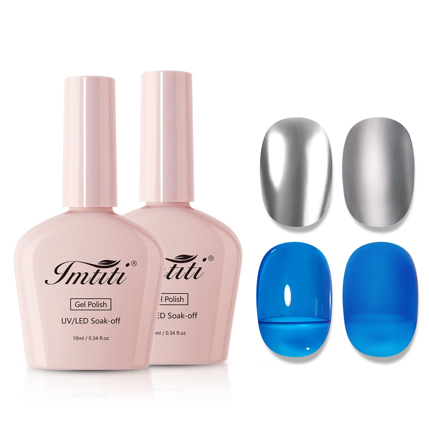 Imtiti Metallic Gel Nail Polish Set, 2 Pcs 10ml Chrome Mirror Shine GEl POlish & Sky Blue Jelly GEL Soak Off UV LED Spring Summer Art Manicure Salon DIY Design Kit