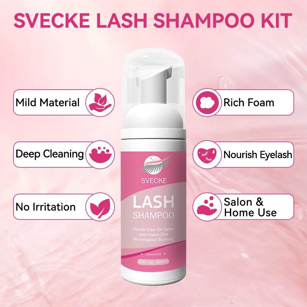 Lash Shampoo Kit, 2 fl.oz / 60ml Eyelash Cleanser, Lash Cleaning Kit with Brush, Eyelash Shampoo for Lash Extensions, Eyelash Remover for Salon and Home Use
