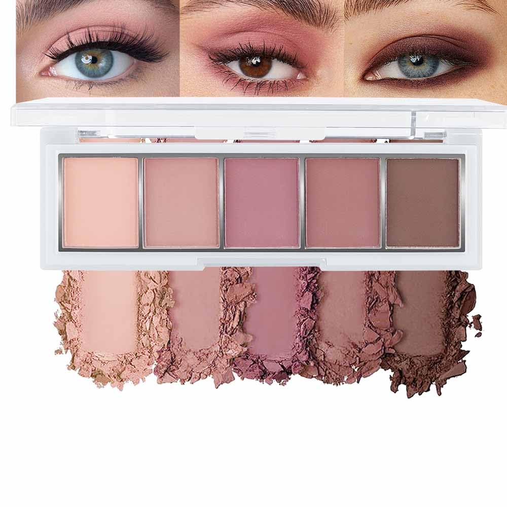 5 Colors Matte Pink Eyeshadow Makeup Palette, Nude Pink Rose Mauve Brown Cocoa Neutral Matte Cream Mini Eye Shadow Palette Makeup for Older Women Blue Green Eye, Blush Contour Palettes sombras de ojos