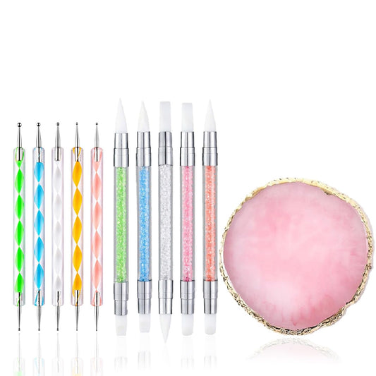 Nail Art Design 11PCS Kits - Resin Nail Art Palette, 5Pcs Nail Art Sculpture Pen Dual Tipped Silicone Nail Tools, 5Pcs Double Ended Nail Dotting Pens