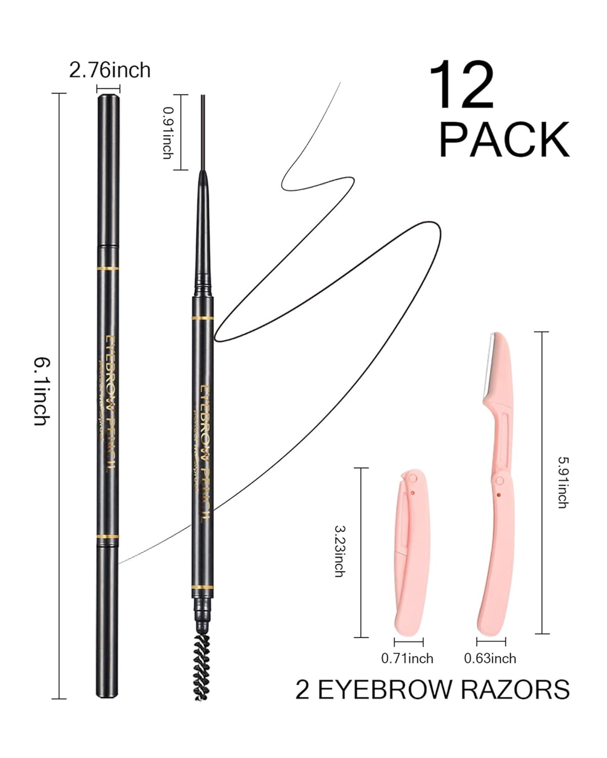 Black Eyebrow Pencils for Women, 12Pcs Ultra Slim Eyebrow Pencil with 2 Brow Razors Kit, Double Head 1.5mm Micro-Fine Tip & Spiral Brush, Can Draw Fine and Long-Lasting Brows Makeup